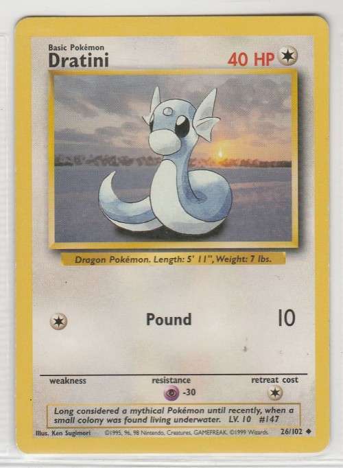 1995, 96, 98 Nintendo Creatures GAMEFREAK Pokemon - Gen I Base Set - Dratini 26/102 - Uncommon