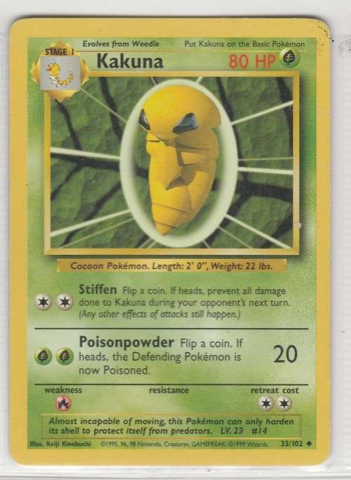 1995, 96, 98 Nintendo Creatures GAMEFREAK Pokemon - Gen I Base Set - Kakuna 33/102 - Uncommon