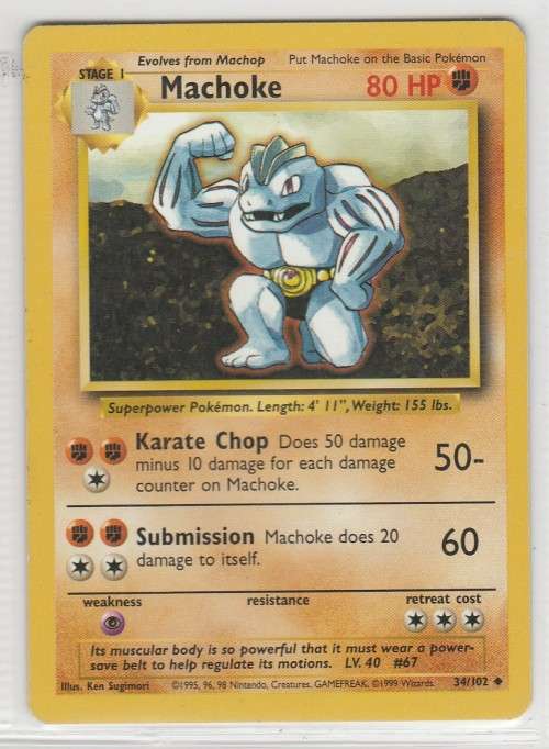 1995, 96, 98 Nintendo Creatures GAMEFREAK Pokemon - Gen I Base Set - Machoke 34/102 - Uncommon