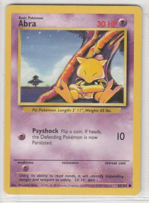 1995, 96, 98 Nintendo Creatures GAMEFREAK Pokemon - Gen I Base Set - Abra 43/102 - Common