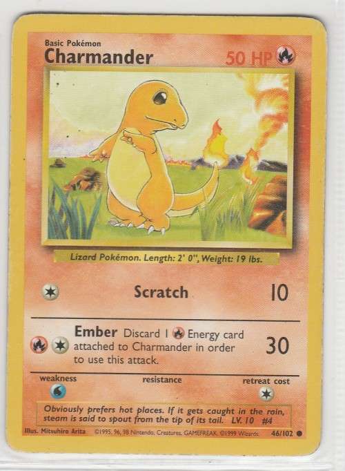 1995, 96, 98 Nintendo Creatures GAMEFREAK Pokemon - Gen I Base Set - Charmander 46/102 - Common