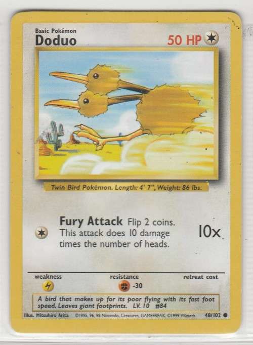 1995, 96, 98 Nintendo Creatures GAMEFREAK Pokemon - Gen I Base Set - Doduo 48/102 - Common