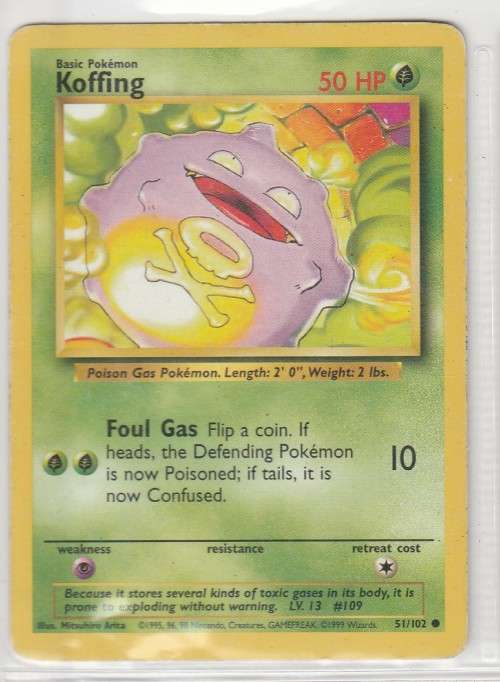 1995, 96, 98 Nintendo Creatures GAMEFREAK Pokemon - Gen I Base Set - Koffing 51/102 - Common