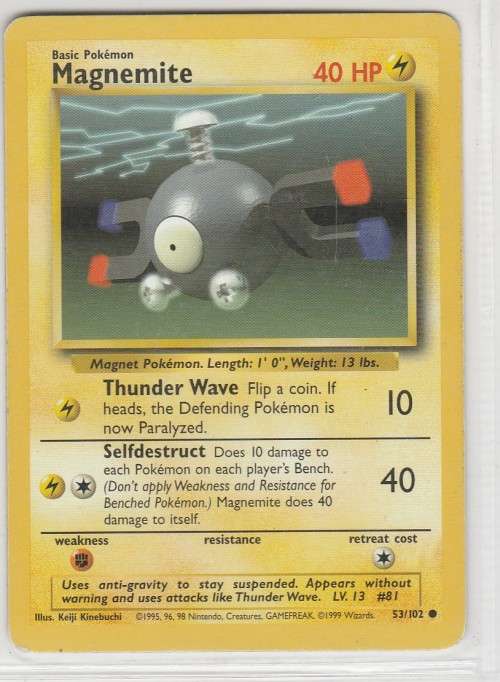 1995, 96, 98 Nintendo Creatures GAMEFREAK Pokemon - Gen I Base Set - Magnemite 53/102 - Common