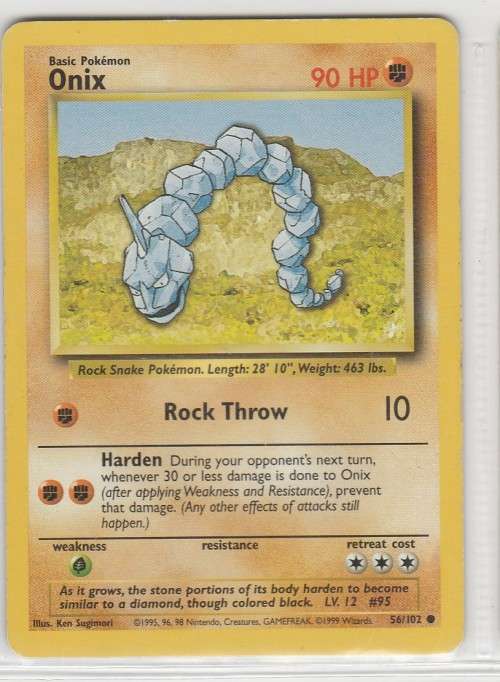 1995, 96, 98 Nintendo Creatures GAMEFREAK Pokemon - Gen I Base Set - Onix 56/102 - Common