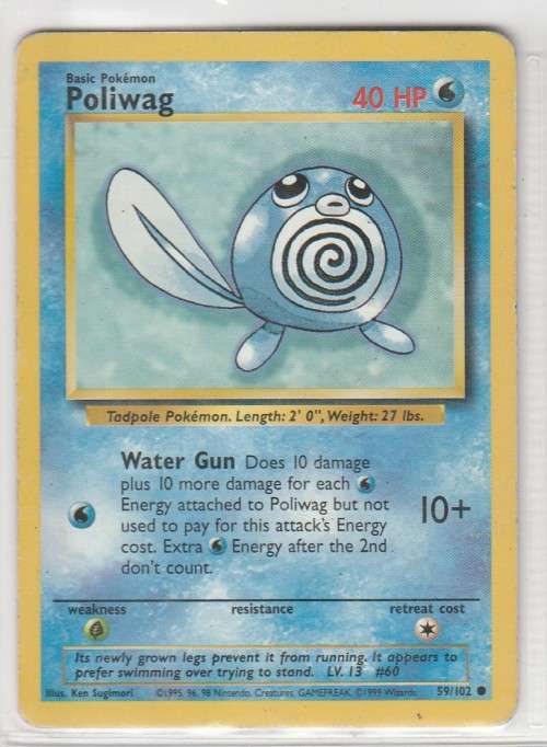 1995, 96, 98 Nintendo Creatures GAMEFREAK Pokemon - Gen I Base Set - Poliwag 59/102 - Common