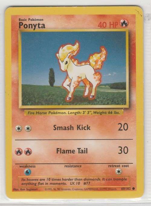 1995, 96, 98 Nintendo Creatures GAMEFREAK Pokemon - Gen I Base Set - Ponyta 60/102 - Common