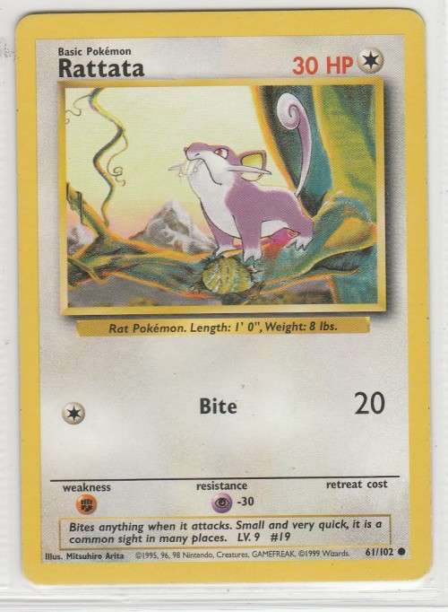 1995, 96, 98 Nintendo Creatures GAMEFREAK Pokemon - Gen I Base Set - Rattata 61/102 - Common