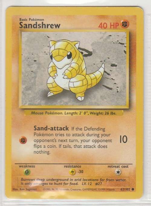 1995, 96, 98 Nintendo Creatures GAMEFREAK Pokemon - Gen I Base Set - Sandshrew 62/102 - Common