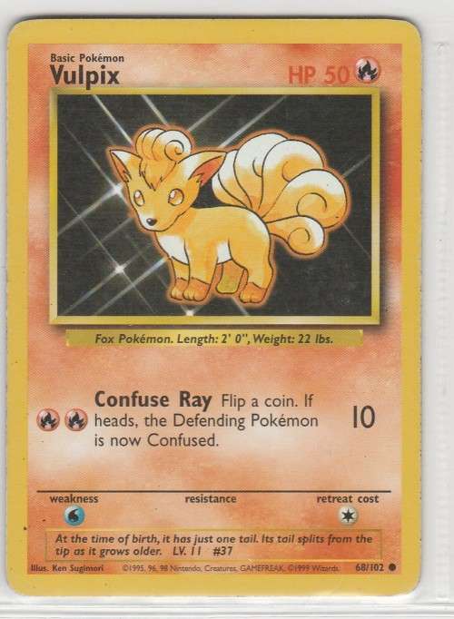 1995, 96, 98 Nintendo Creatures GAMEFREAK Pokemon - Gen I Base Set - Vulpix 68/102 - Common
