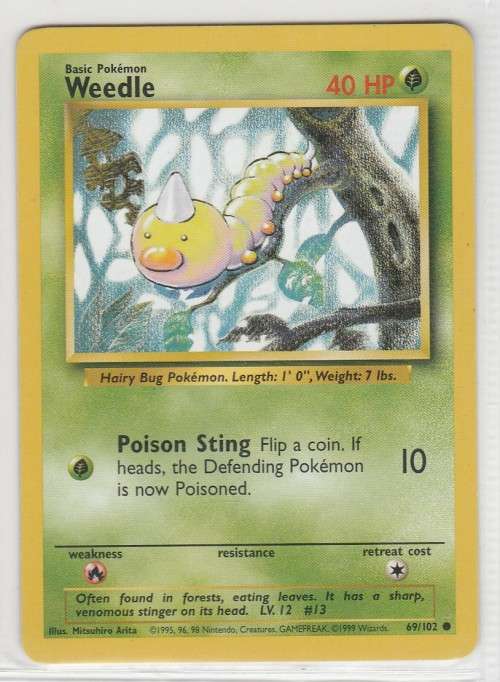 1995, 96, 98 Nintendo Creatures GAMEFREAK Pokemon - Gen I Base Set - Weedle 69/102 - Common