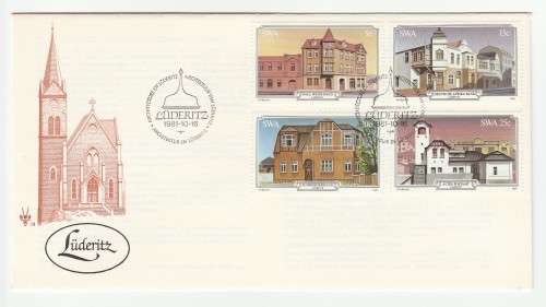 1981 South-West Africa Historic buildings of Luderitz FDC 34 and Miniature Sheet S4 Set and Blocks