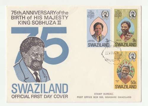 1974 Swaziland 75th Anniversary of the Birth of His Majesty King Sobhunza II FDC and Stamps