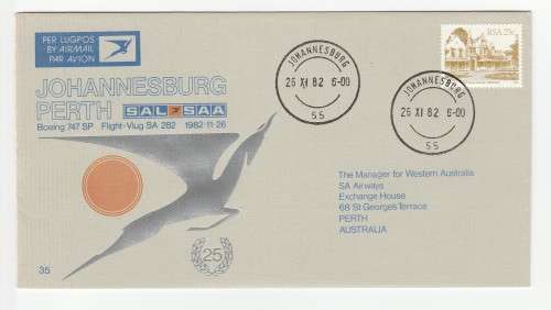 1982 RSA SAA JHB-Perth SA 282 First Flight Commemorative Cover 35