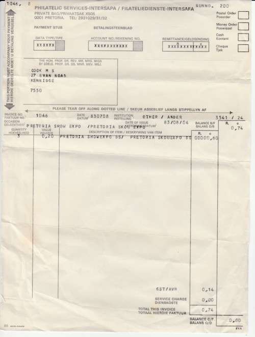 1983 RSA Philatelic Services and Intersapa Payment Stub
