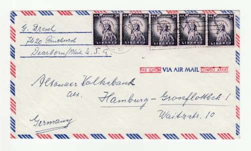1954 USA 3c Purple Liberty Postage Stamp on Airmail Cover *1958 Dearborn cancellation