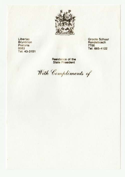 RSA With Compliments of - Residence of the State President Stationary