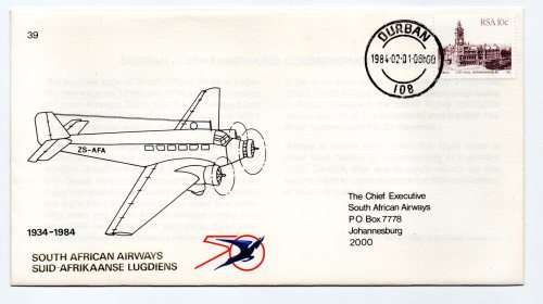 1984 RSA SAA Durban-Johannesburg Commemorative Flight Cover 39