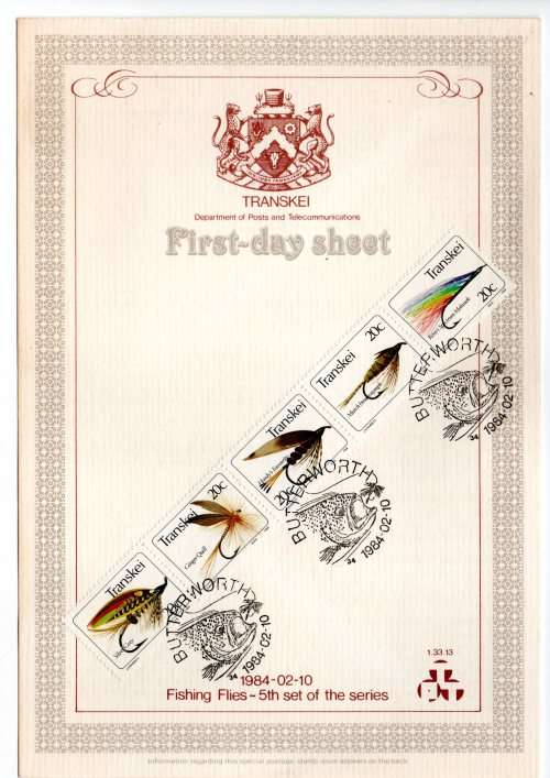 1984 Transkei Fishing Flies -5th set of the series First-day sheet 1.33.13 Starting Silver Grey
