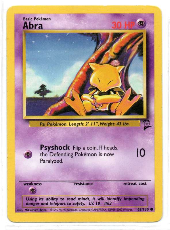 1995, 96, 98 Nintendo Creatures GAMEFREAK/Pokemon - Gen I Base Set 2 - Abra Common 65/130