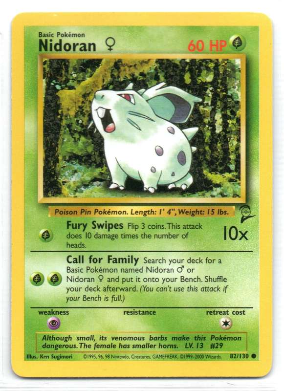 1995, 96, 98 Nintendo Creatures GAMEFREAK/Pokemon - Gen I Base Set 2 - Nidoran Common 83/130