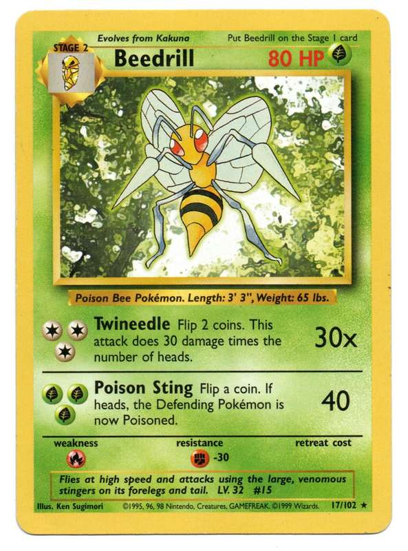1995, 96, 98 Nintendo Creatures GAMEFREAK - Gen I Base Set Beedrill Rare 17/102