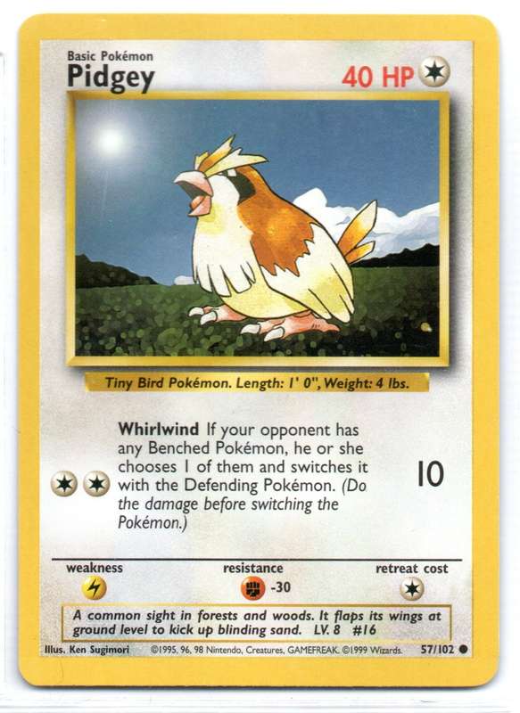 1995, 96, 98 Nintendo Creatures GAMEFREAK - Gen I Base Set Pidgey Common 57/102