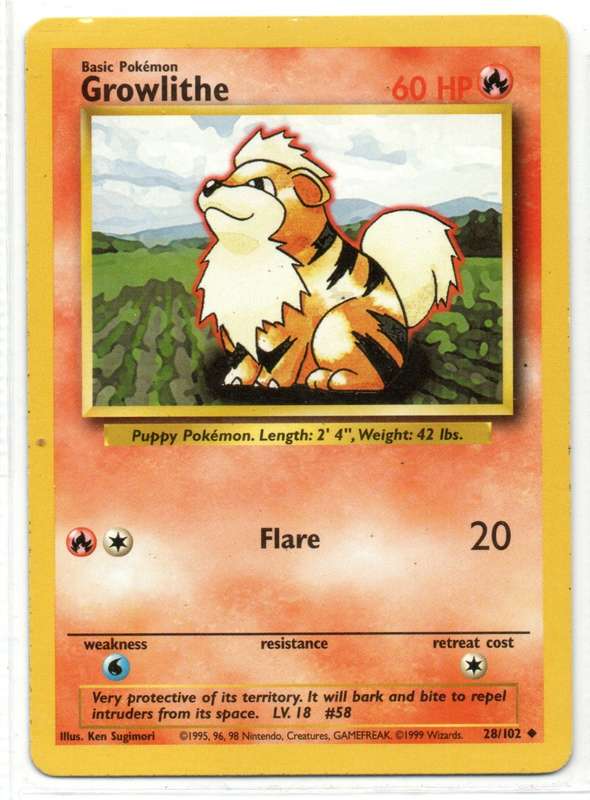 1995, 96, 98 Nintendo Creatures GAMEFREAK Pokemon - Gen I Base Set - Growlithe 28/102 - Common