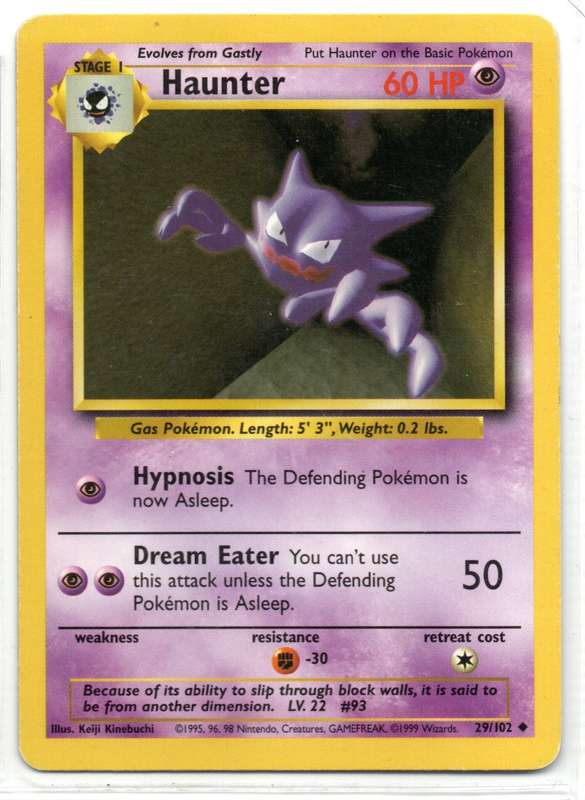 1995, 96, 98 Nintendo Creatures GAMEFREAK Pokemon - Gen I Base Set - Haunter Uncommon 29/102