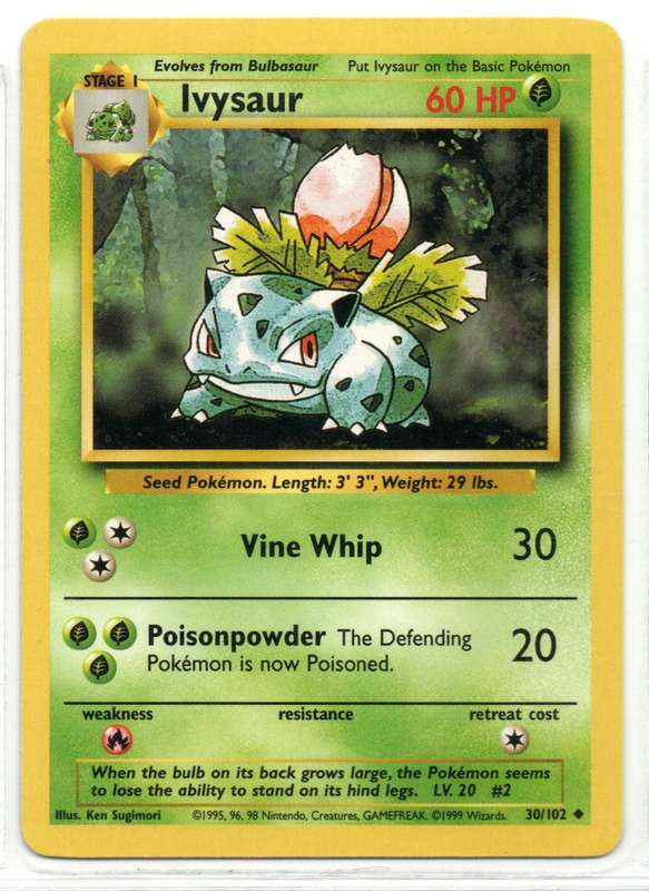 1995, 96, 98 Nintendo Creatures GAMEFREAK Pokemon - Gen I Base Set - Ivysaur Uncommon 30/102
