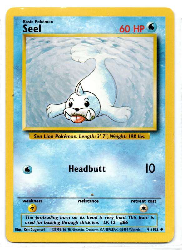 1995, 96, 98 Nintendo Creatures GAMEFREAK Pokemon - Gen I Base Set - Seel 41/102 - Uncommon