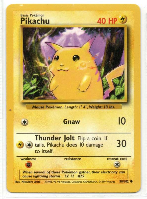 1995, 96, 98 Nintendo Creatures GAMEFREAK Pokemon - Gen I Base Set - Pikachu Common 58/102