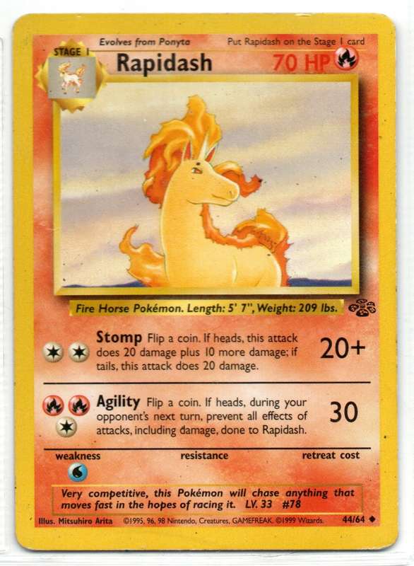 1995, 96, 98 Nintendo Creatures GAMEFREAK - Jungle Pokemon Rapidash 44/64 Uncommon