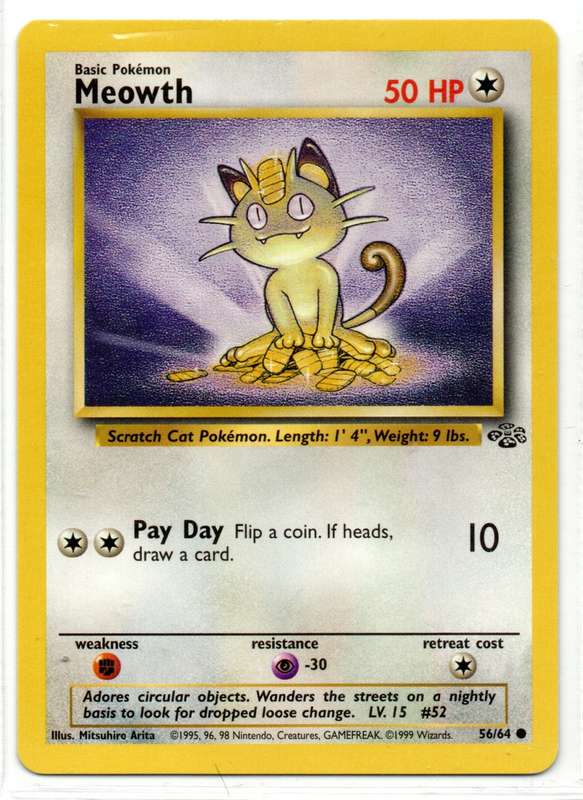 1995, 96, 98 Nintendo Creatures GAMEFREAK - Jungle Pokemon Meowth 56/64 Common