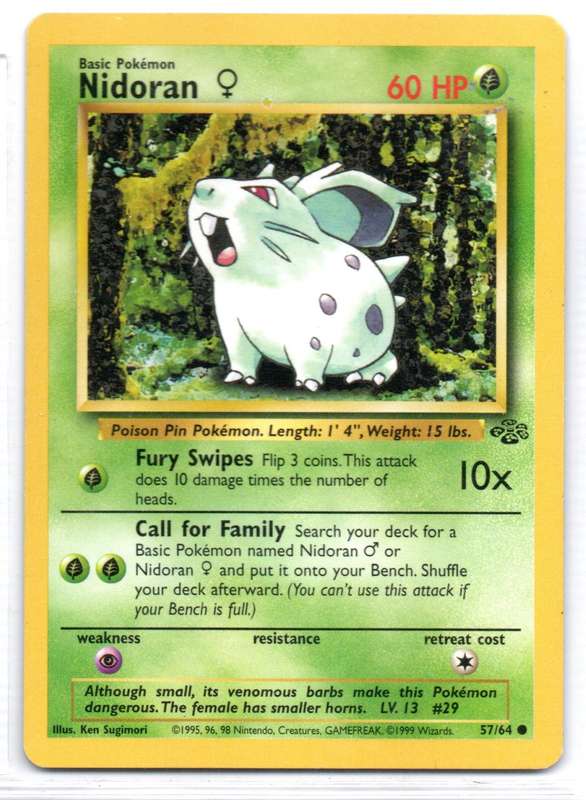 1995, 96, 98 Nintendo Creatures GAMEFREAK - Jungle Pokemon Nidoran 57/64 Common