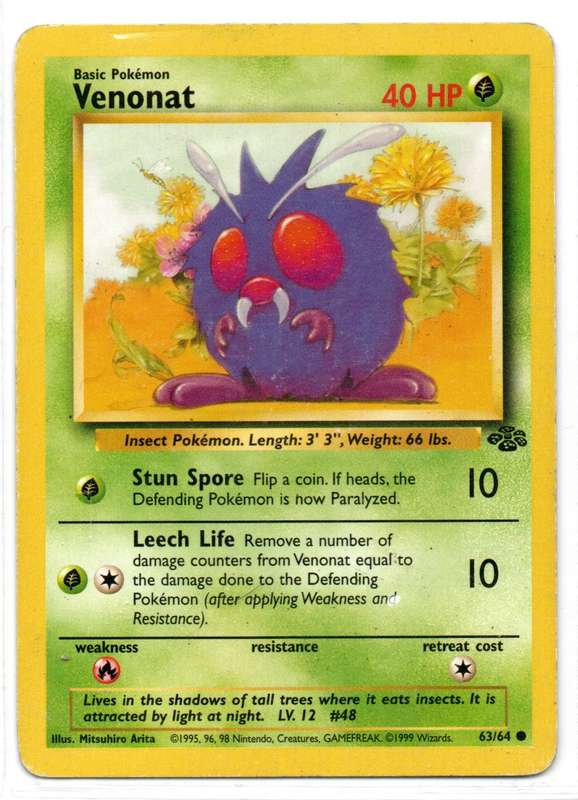 1995, 96, 98 Nintendo Creatures GAMEFREAK - Jungle Pokemon Venonat 63/64 Common