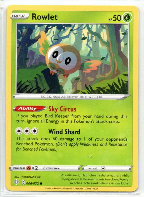2021 Pokemon Nintendo Creatures GAMEFREAK - Shining Fates Rowlet 6/72 Common