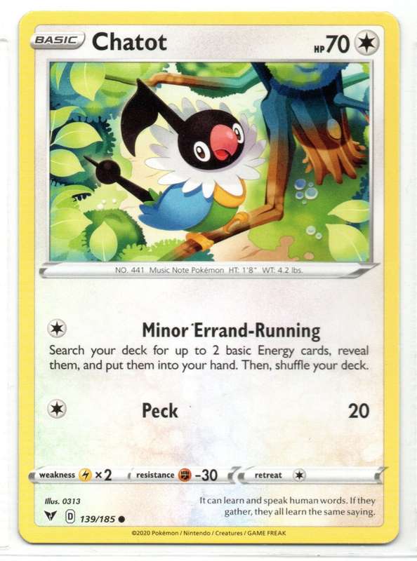 2020 Pokemon Nintendo Creatures GAMEFREAK - Vivid Voltage Chatot 139/185 Common