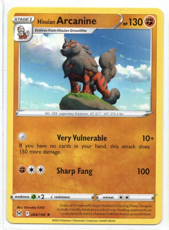 2022 Pokemon Nintendo Creatures GAMEFREAK - Lost Origin - Hisuian Arcanine 84/196 Rare