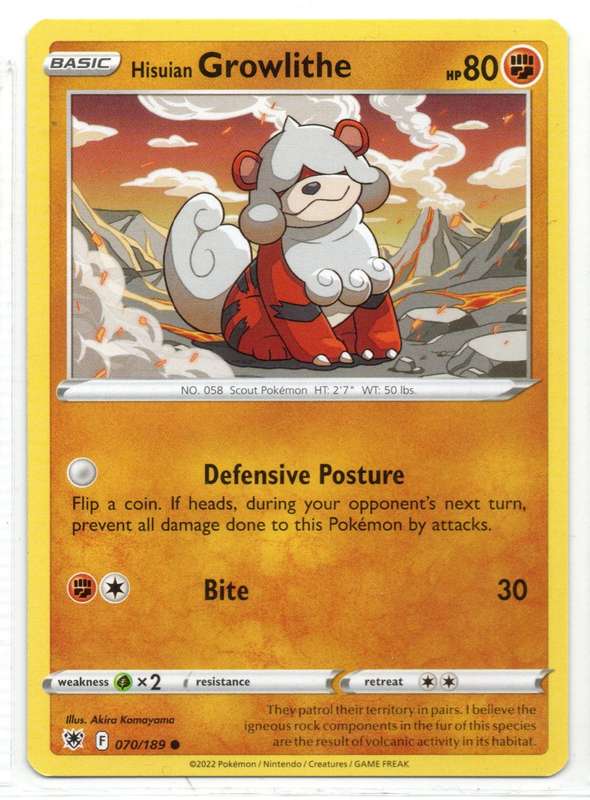 2022 Pokemon/nintendo/Creatures/GAMEFREAK - Astral Radiance Hisuian Growlithe 70/189 Common