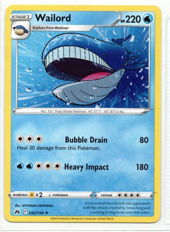 2023 Pokemon/Nintendo/Creatures/GAMEFREAK - Crown Zenith - Wailord 32/159 Rare