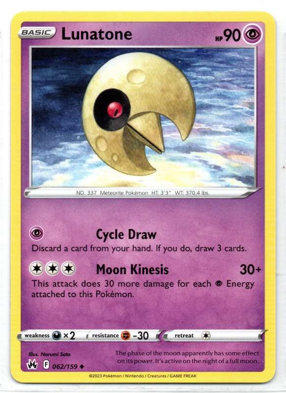 2023 Pokemon/Nintendo/Creatures/GAMEFREAK - Crown Zenith - Lunatone 62/159 Uncommon