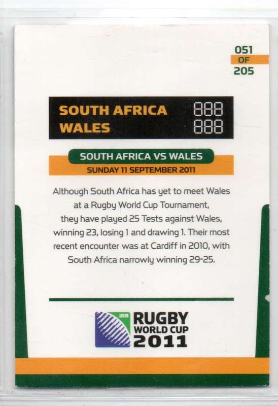 Rugby World Cup 2011 - Card 051/205 - RSA vs Wales