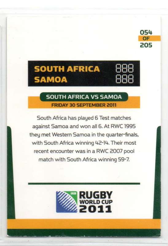 Rugby World Cup 2011 - Card 054/205 - RSA vs Samoa