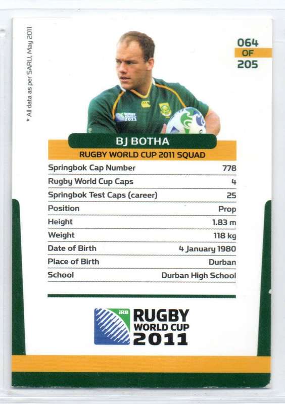 Rugby World Cup 2011 - Card 064/205 - BJ Botha