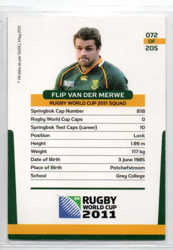Rugby World Cup 2011 - Card 072/205 - Flip van der Merwe