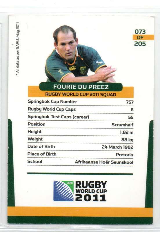 Rugby World Cup 2011 - Card 073/205 - Fourie du Preez
