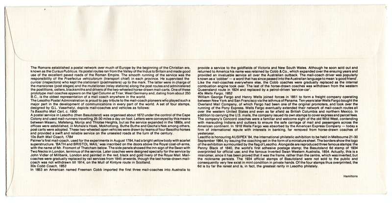 1984 Lesotho 200th Anniversary of the mail Coach AUSIPEX 84 FDC