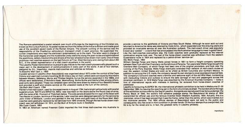 1984 Lesotho 200th Anniversary of the mail Coach AUSIPEX 84 FDC