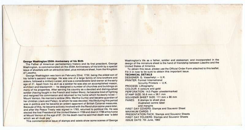 1982 Lesotho 250th Anniversary of the birth of George Washington FDC 41